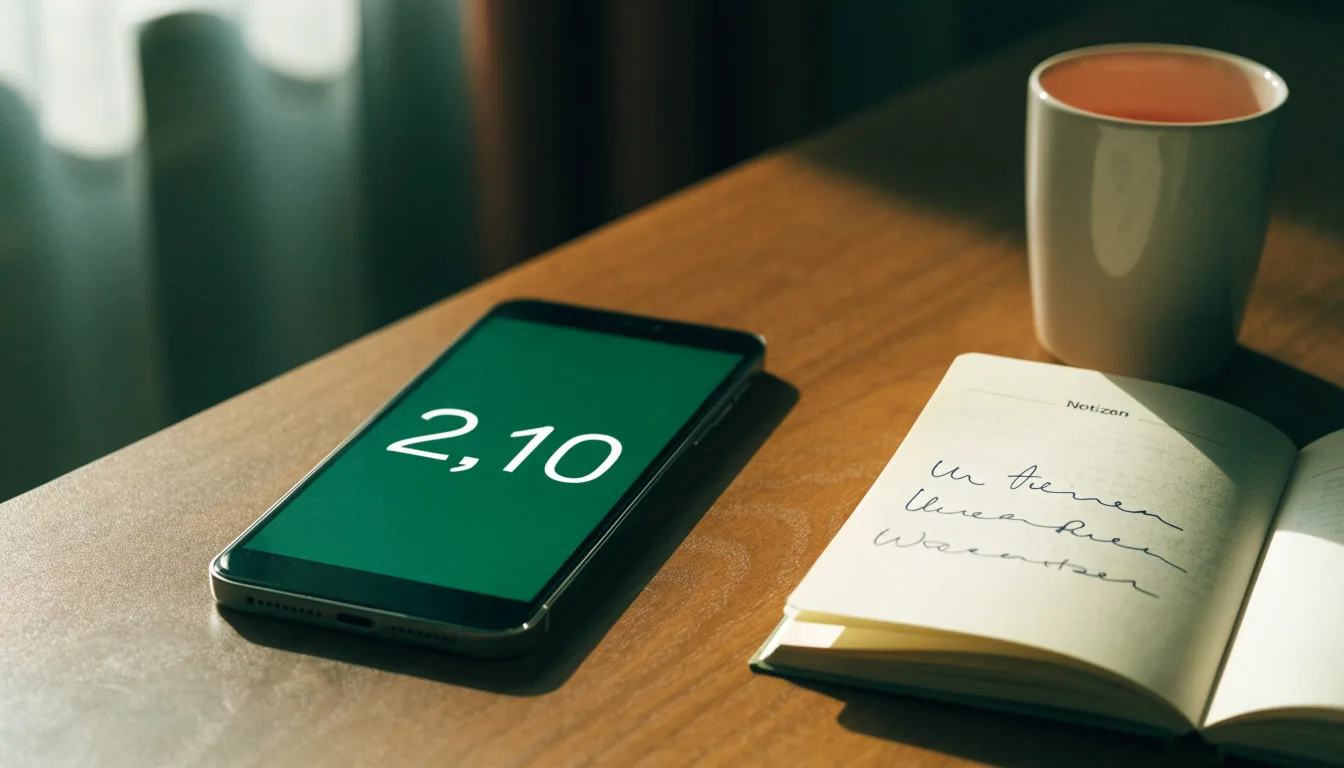 Ein Smartphone liegt mit dunklem Display auf einem Schreibtisch neben einem Notizbuch und einer Kaffeetasse.