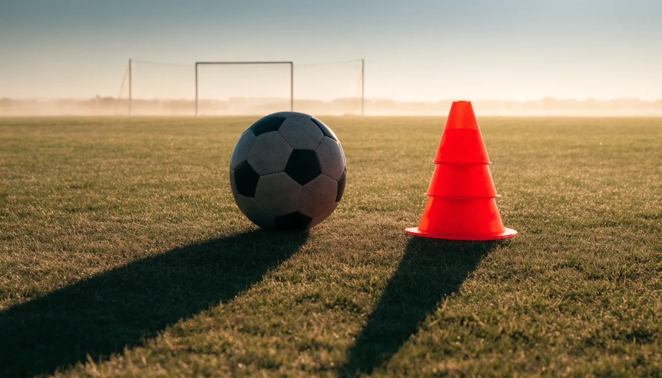 Ein Fußball liegt auf einem Rasenplatz bei Sonnenaufgang, daneben ein kleiner Stapel Trainingshütchen.