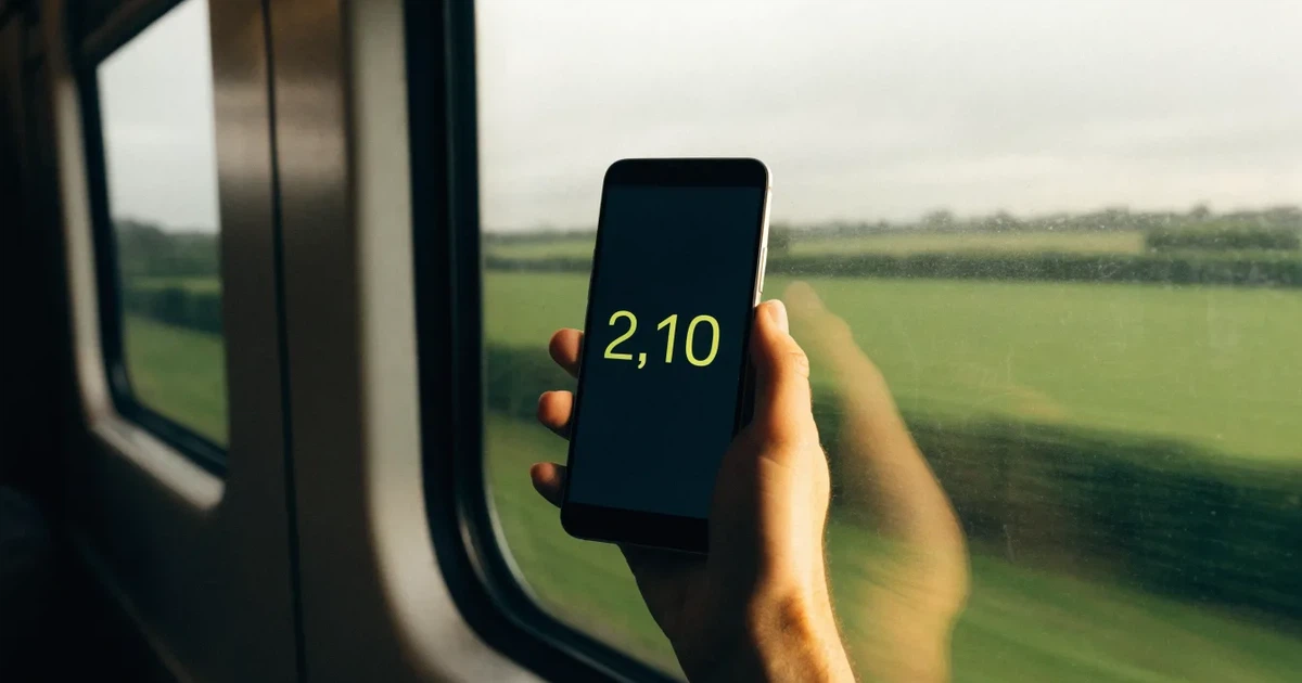 Eine Hand hält ein Smartphone mit dunklem Display in einem Zug, am Fenster ziehen verschwommen Felder vorbei.