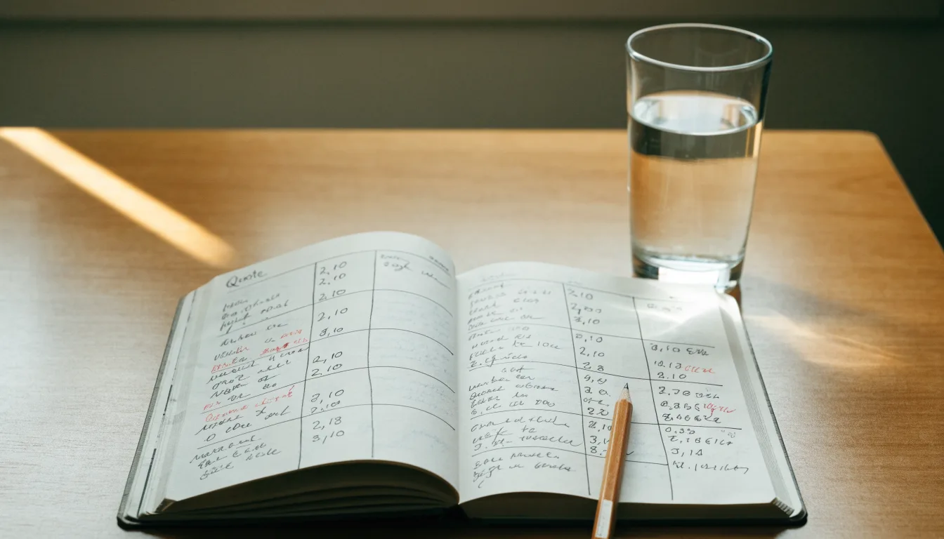 Ein Notizbuch mit handgezeichneten Spalten und ein Bleistift liegen auf einem hellen Holztisch neben einem Glas Wasser.