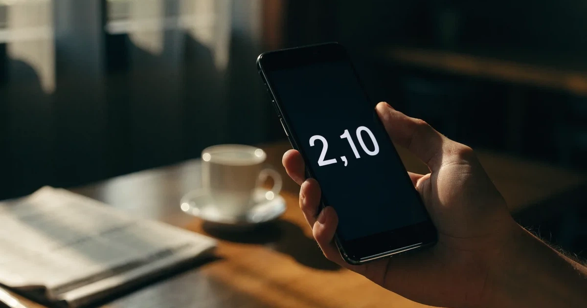 Eine Hand hält ein Smartphone mit dunklem Display, im Hintergrund unscharf ein Café-Tisch mit einer Tasse.