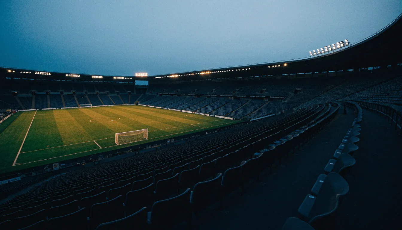 Eine leere Stadiontribüne unter Flutlicht aus der Ferne betrachtet, die Rasenfläche leuchtet grün in der Dämmerung.