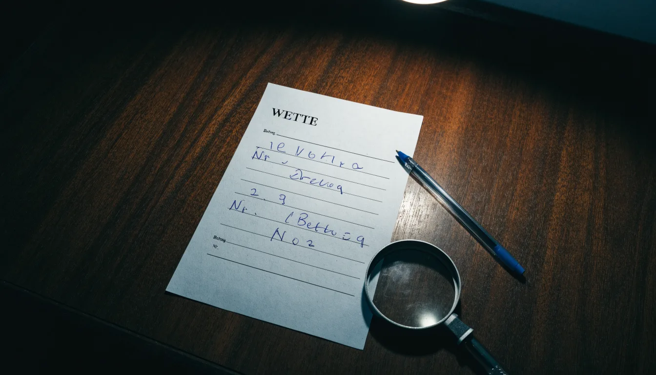 Ein leerer Wettschein aus Papier und ein Kugelschreiber liegen auf einem Schreibtisch neben einer Lupe.