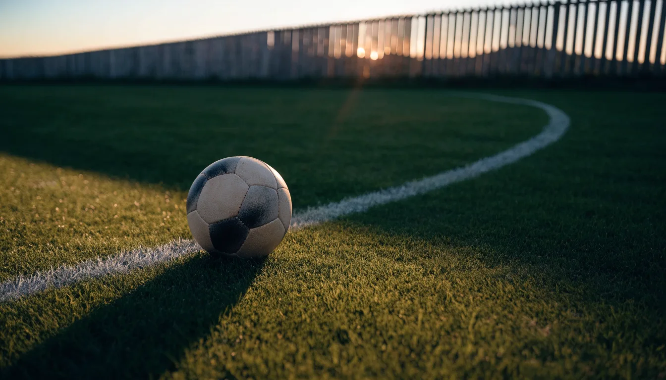 Ein Fußball liegt am Rand eines Rasens neben einer weißen Linie, im Hintergrund ein Zaun in der Abendsonne.