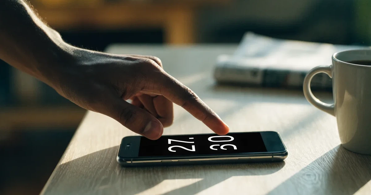 Ein Daumen schwebt über einem Smartphone mit dunklem Display, das auf einem Küchentisch neben einer Tasse liegt.