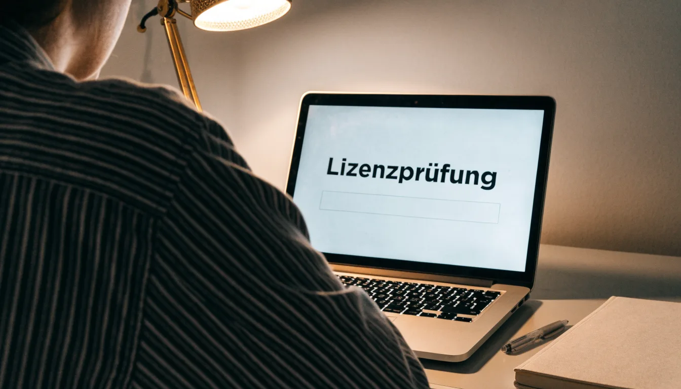 Ein Schreibtisch mit Lupe, Kugelschreiber und einem leeren Notizblock unter einer Lampe in einem ruhigen Raum.