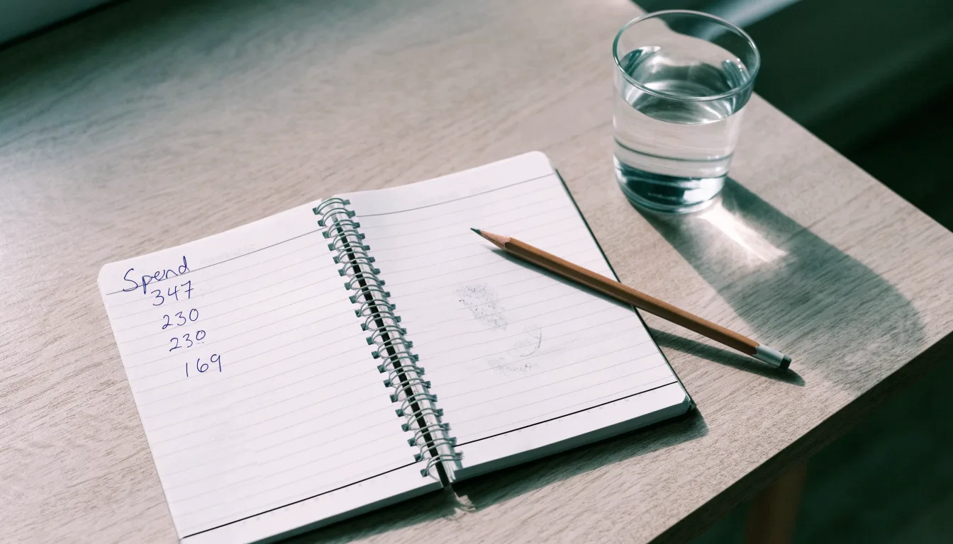Ein Notizbuch und ein Bleistift liegen neben einem Glas Wasser auf einem hellen Tisch.