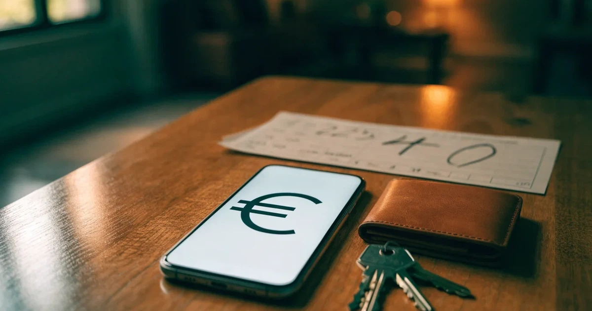 Ein Smartphone mit dunklem Display liegt neben einer Geldbörse und einem Schlüssel auf einem Tisch.