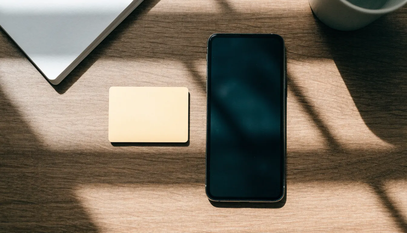 Eine Bankkarte ohne Aufdruck liegt neben einem Smartphone mit dunklem Display auf einem Holztisch.