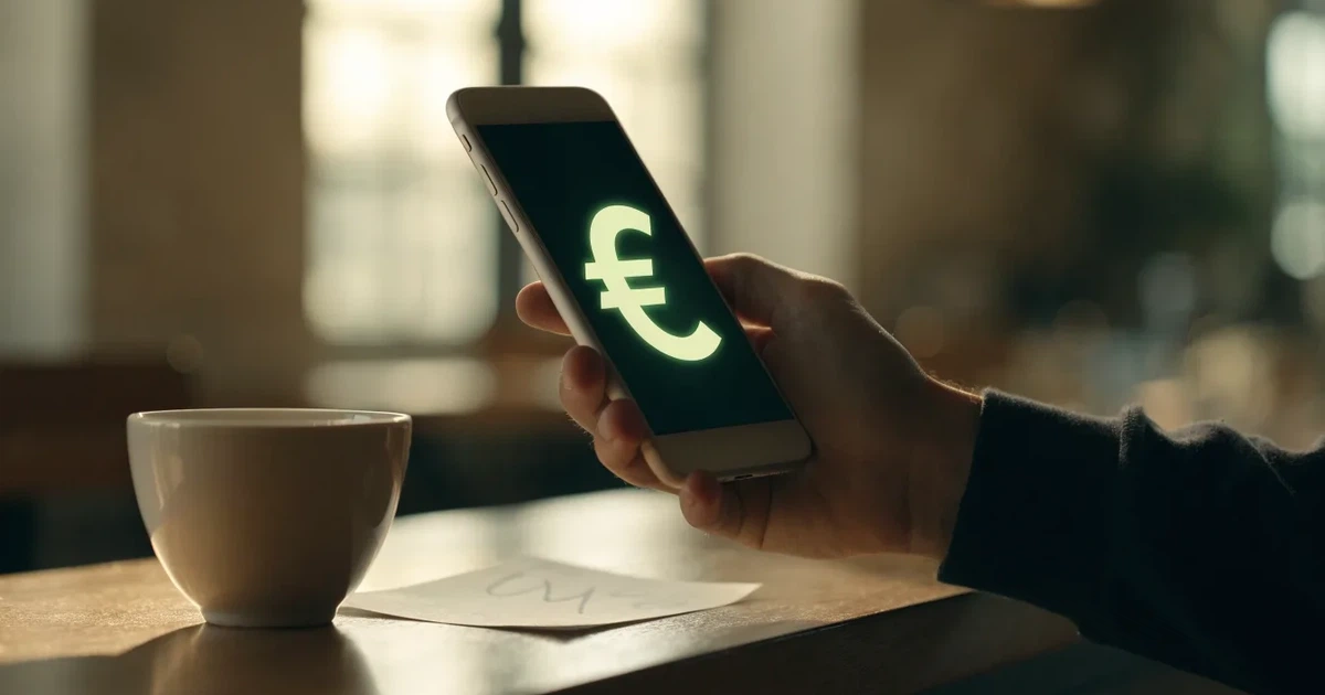 Eine Hand hält ein Smartphone dicht an ein Kartenlesegerät ohne erkennbare Beschriftung in einem Café.