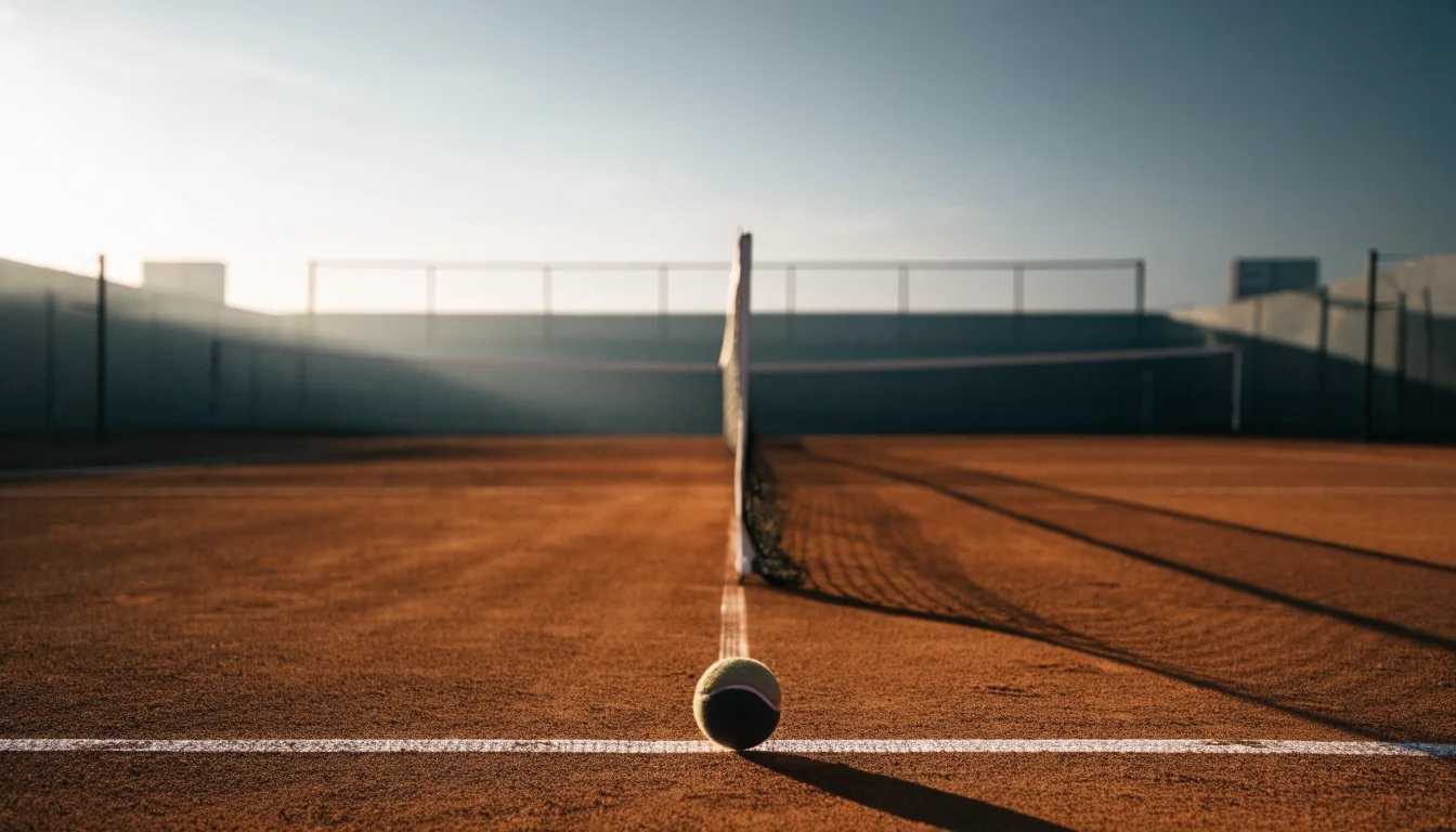 Ein Tennisplatz aus Sand bei Sonnenaufgang, das Netz im Gegenlicht, kein Mensch zu sehen.