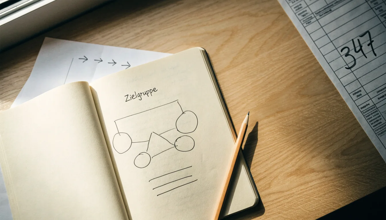 Ein Notizbuch mit handgezeichneten Knoten und Linien liegt neben einem Bleistift auf einem Schreibtisch.