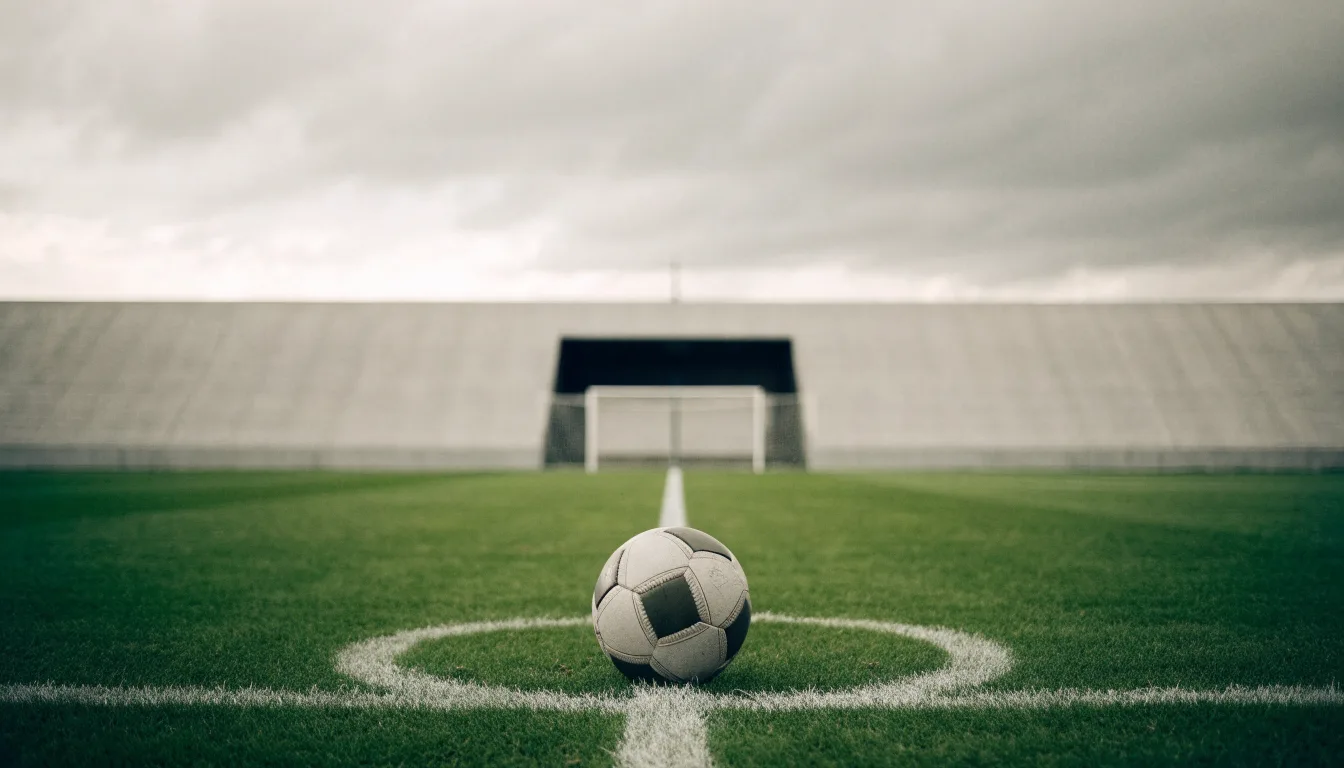 Ein Fußball liegt auf dem Anstoßpunkt eines leeren Rasenplatzes, im Hintergrund eine ruhige Tribüne unter bedecktem Himmel.