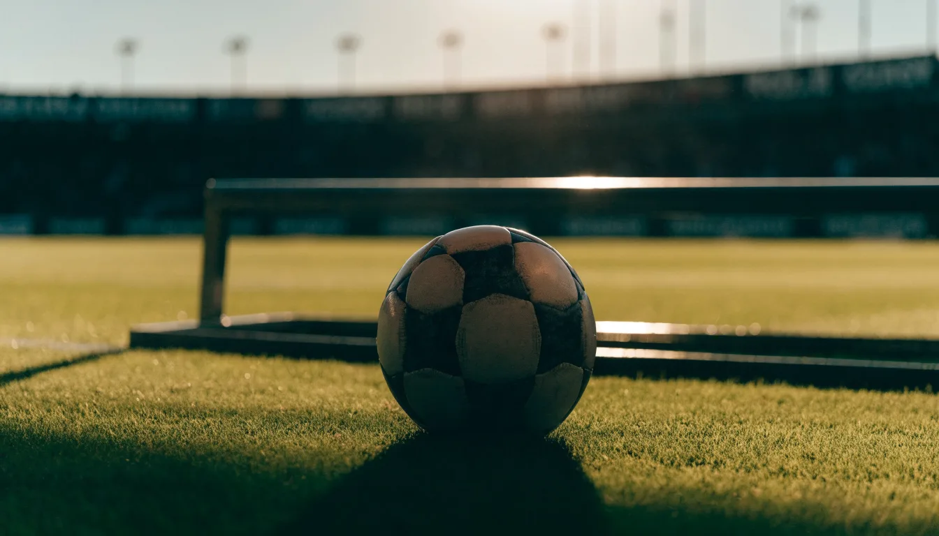 Ein Fußball auf einem Rasenplatz im Gegenlicht der tiefstehenden Sonne, am Spielfeldrand eine leere Ersatzbank.