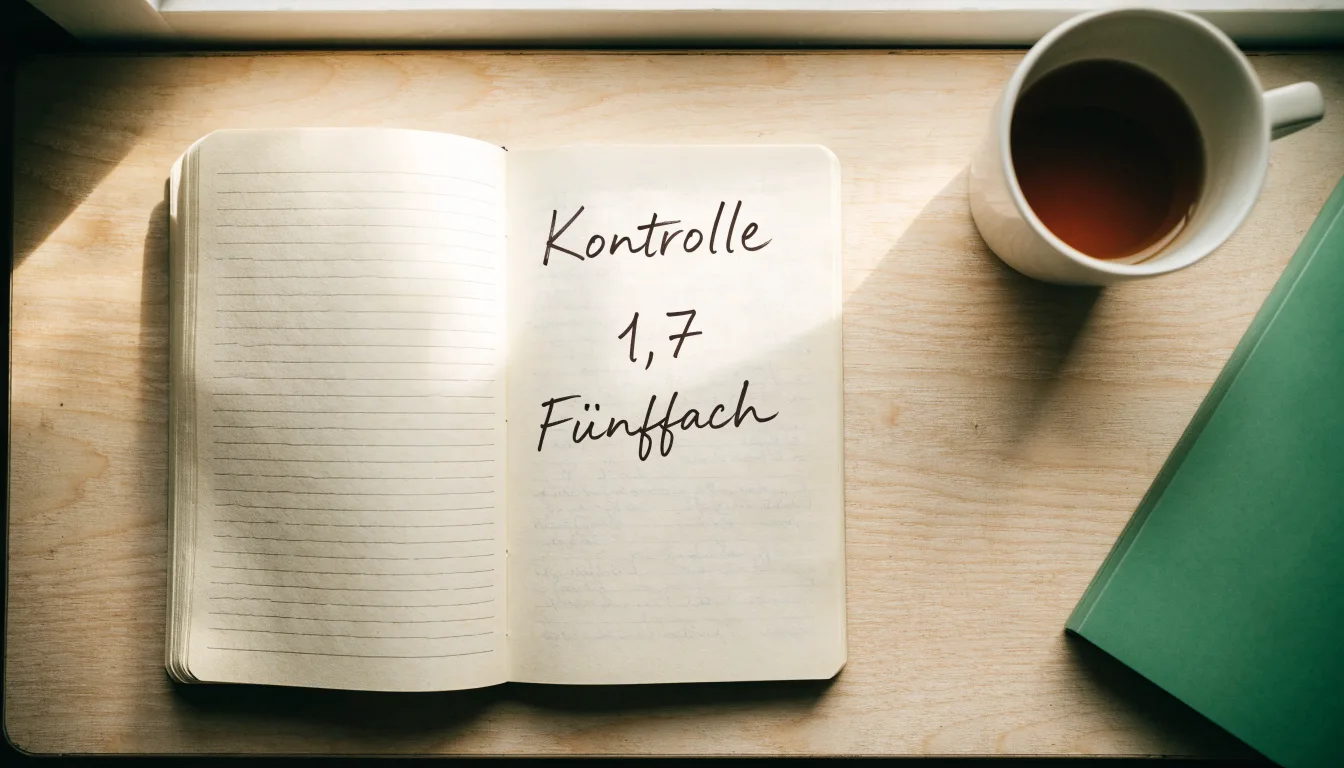 Ein Notizbuch mit handgeschriebenen Rechnungen und ein Taschenrechner auf einem hellen Schreibtisch neben einer Tasse Tee.
