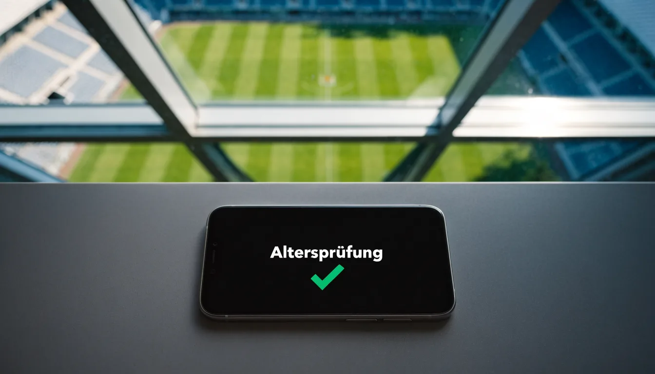 Ein leeres Fußballstadion bei Tageslicht von der Tribüne aus gesehen, der Rasen zeigt gleichmäßige Mähstreifen.