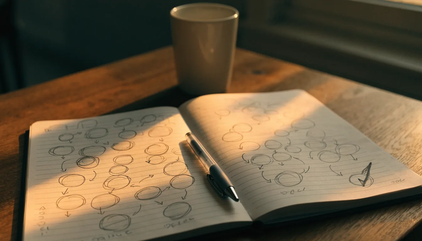 Ein Notizbuch mit handgezeichneten Pfeilen und Kreisen liegt neben einem Kugelschreiber auf einem Schreibtisch im Abendlicht.