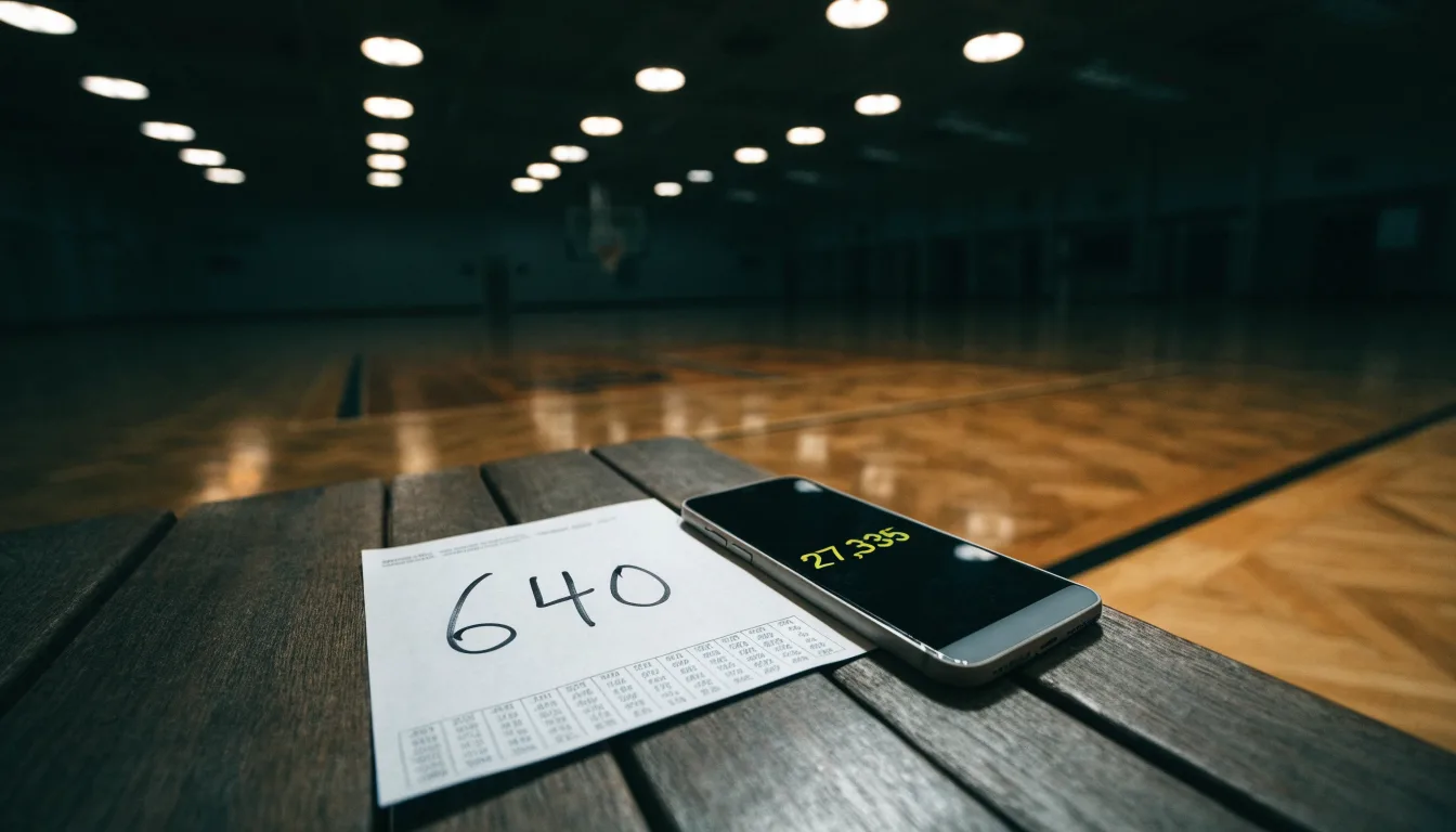 Ein Basketballfeld in einer leeren Halle, das Parkett spiegelt das Licht der Deckenlampen.