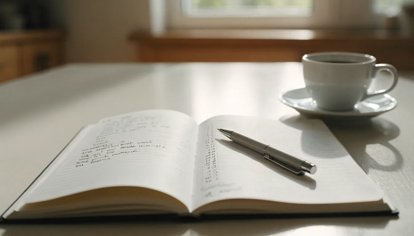 Eine Tasse Kaffee, ein Kugelschreiber und ein aufgeschlagenes leeres Notizbuch auf einem Küchentisch am Fenster.
