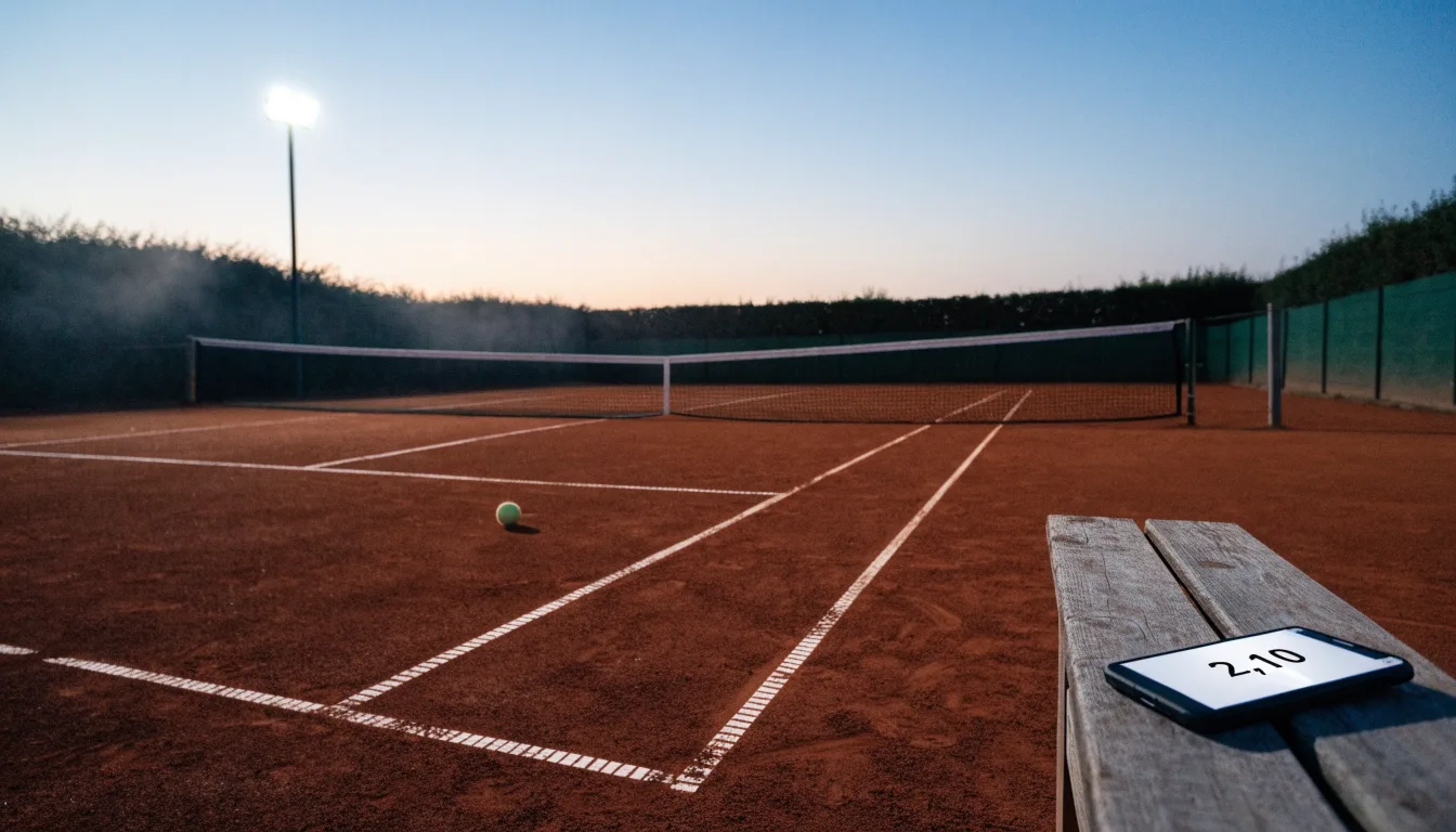 Ein Tennisplatz in der Dämmerung, Netz und Linien im Zwielicht, ohne Menschen und mit ruhigem Himmel.