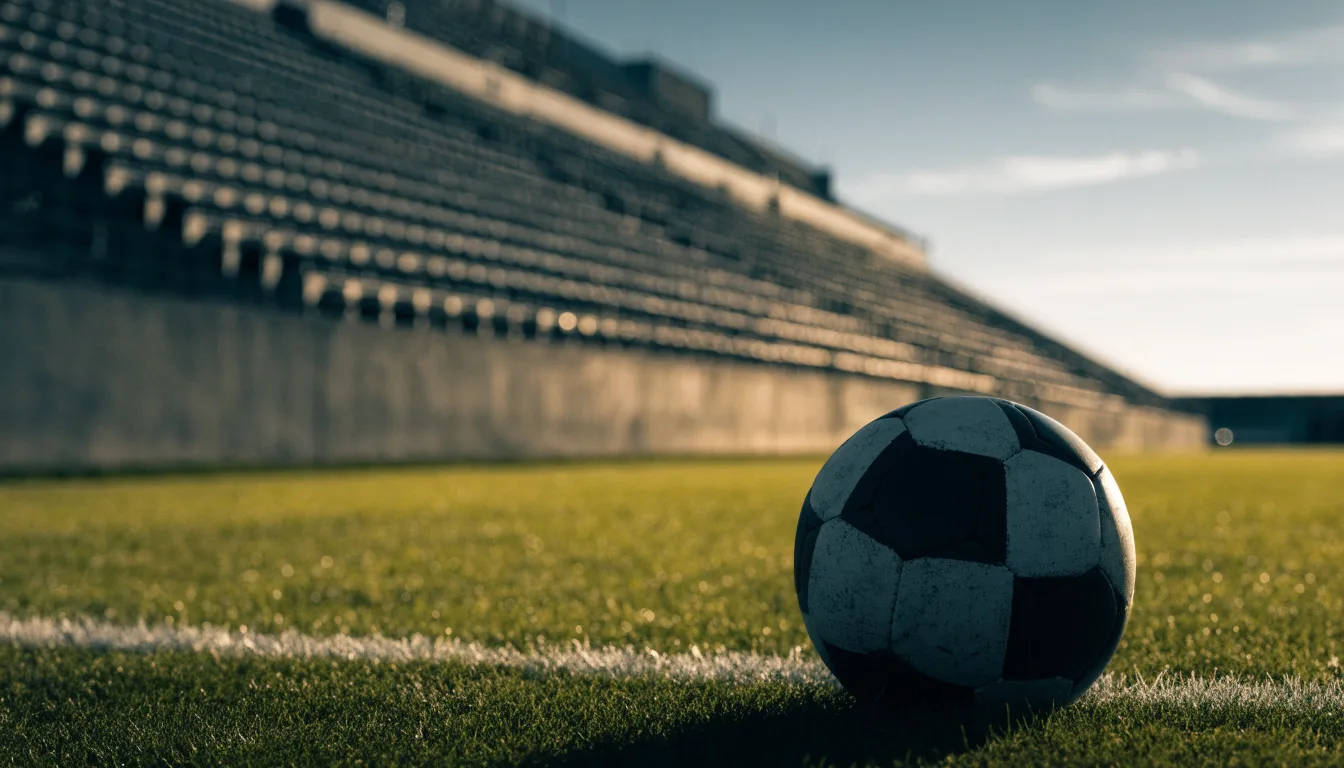 Ein Fußball liegt am Spielfeldrand eines Rasenplatzes, im Hintergrund eine leere Tribüne unter hellem Himmel.