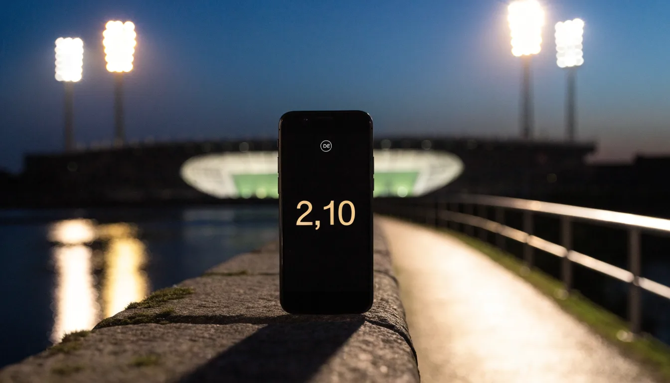 Ein Stadion unter Flutlicht aus der Ferne gesehen, im Vordergrund ein ruhiger Fluss und ein Fußweg.