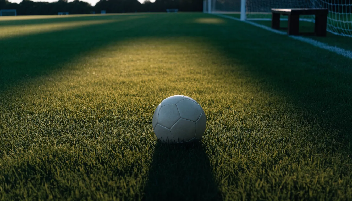 Ein Fußball auf einem Rasenplatz im Gegenlicht der tiefstehenden Sonne, am Rand eine leere Ersatzbank.