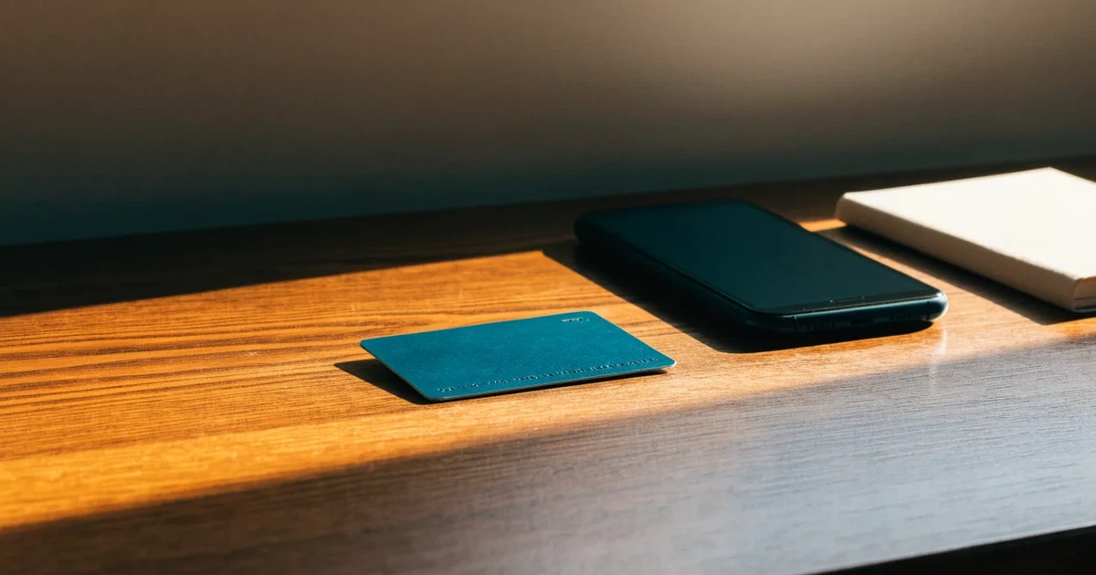 Eine Plastikkarte ohne Aufdruck liegt auf einem Holztisch neben einem Smartphone mit dunklem Bildschirm und einem Notizbuch.