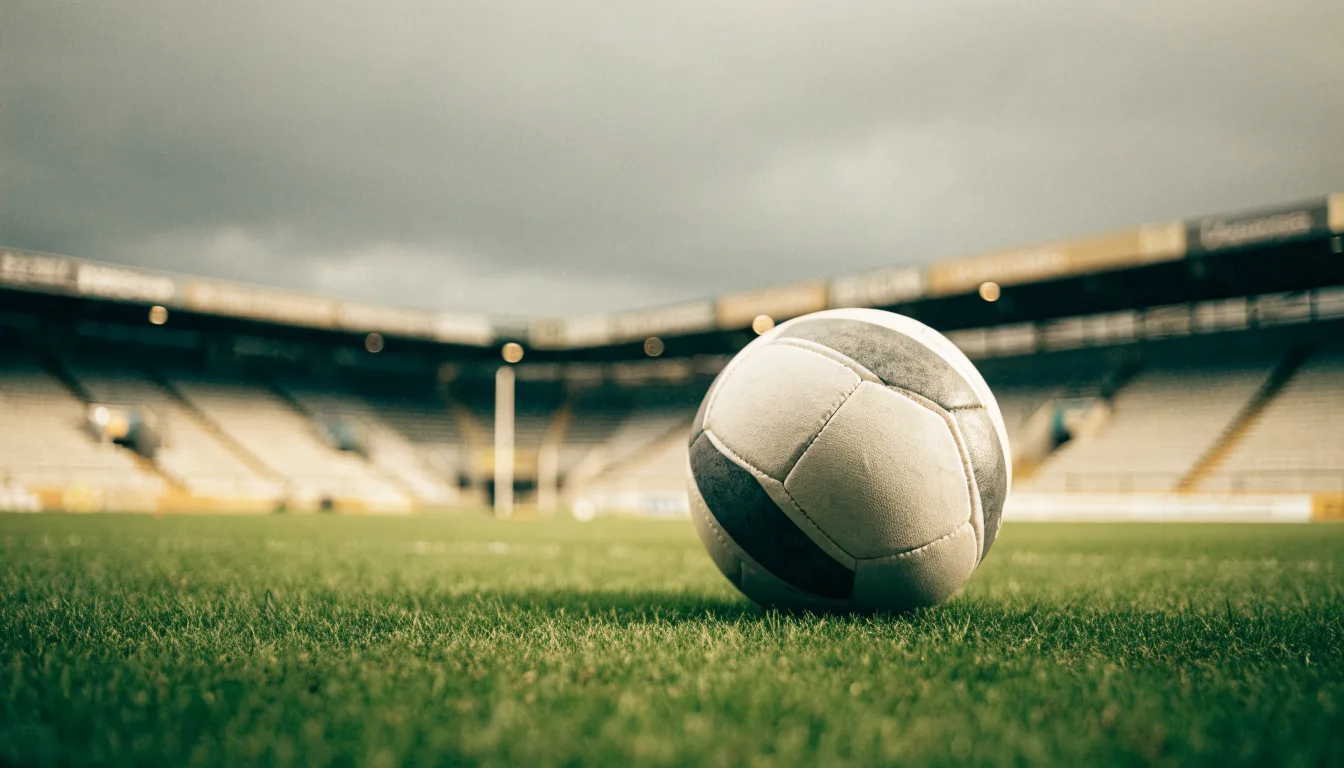 Ein Fußball auf einem Rasen, im Hintergrund ein leeres Stadion bei bewölktem Himmel.