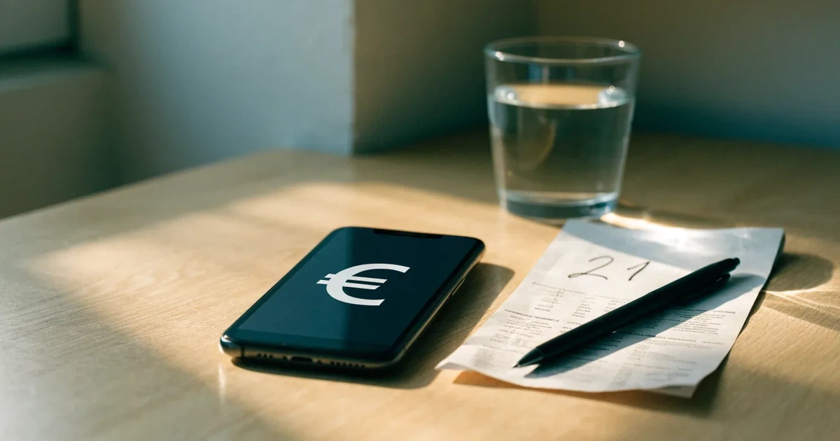 Ein Taschenrechner, ein Stift und ein Smartphone mit dunklem Bildschirm liegen auf einem Küchentisch im Morgenlicht.