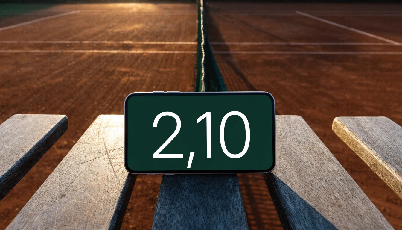 Ein Tennisplatz bei Sonnenaufgang, Netz und Linien im Streiflicht, ohne Menschen.