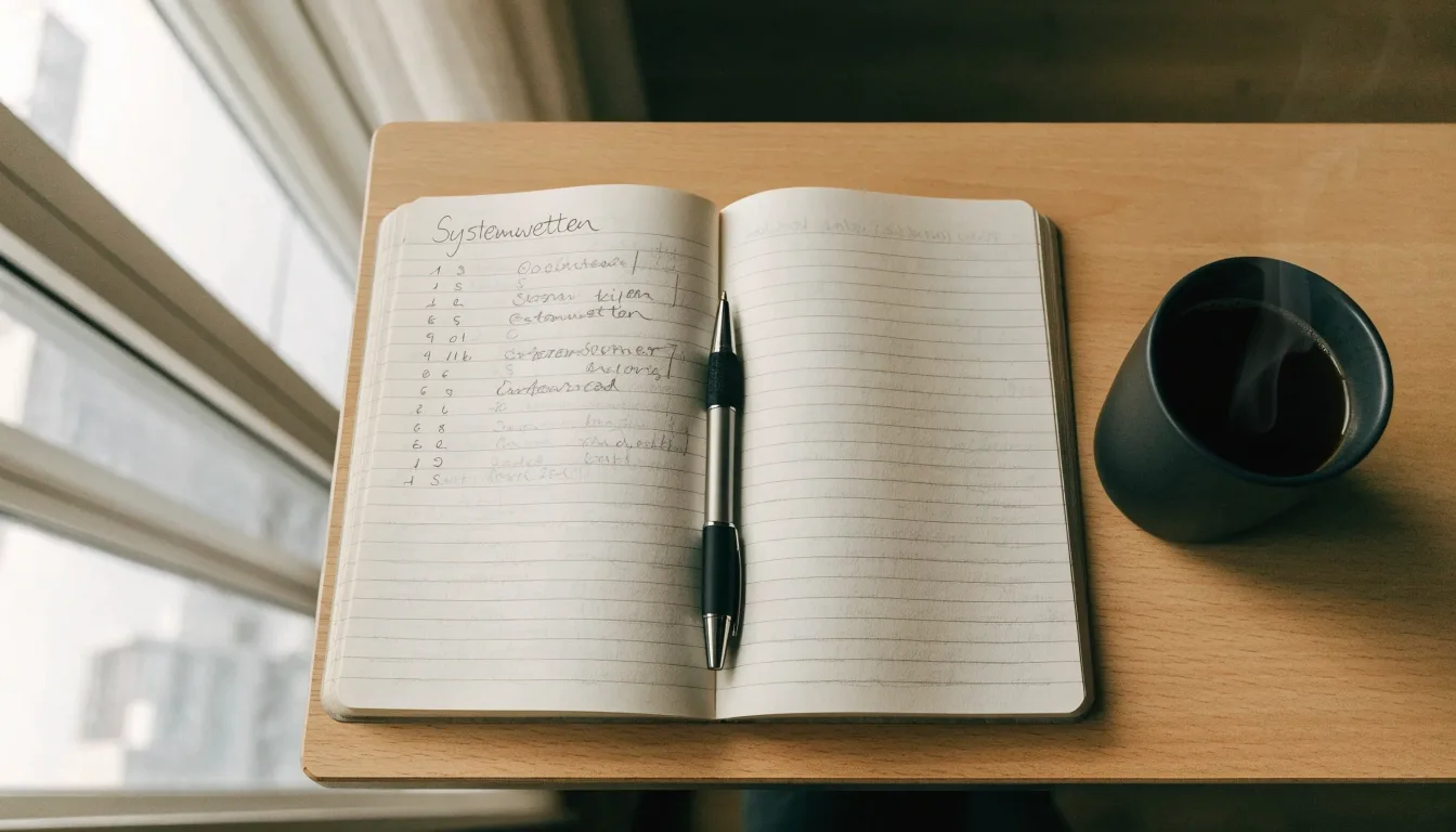 Ein aufgeschlagenes leeres Notizbuch mit Kugelschreiber neben einer Tasse Kaffee auf einem Tisch am Fenster.