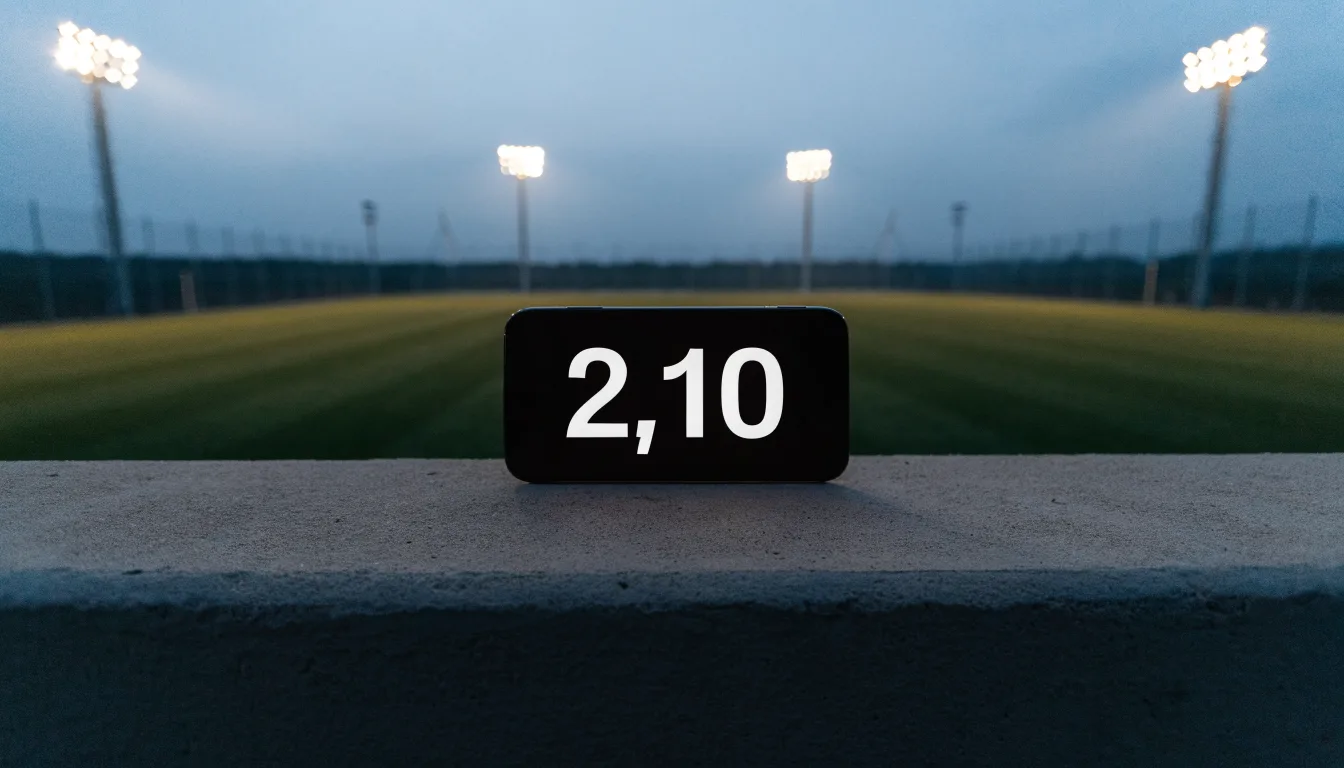 Ein Stadion unter Flutlicht aus der Ferne gesehen, im Vordergrund ein leeres Feld in der Dämmerung.