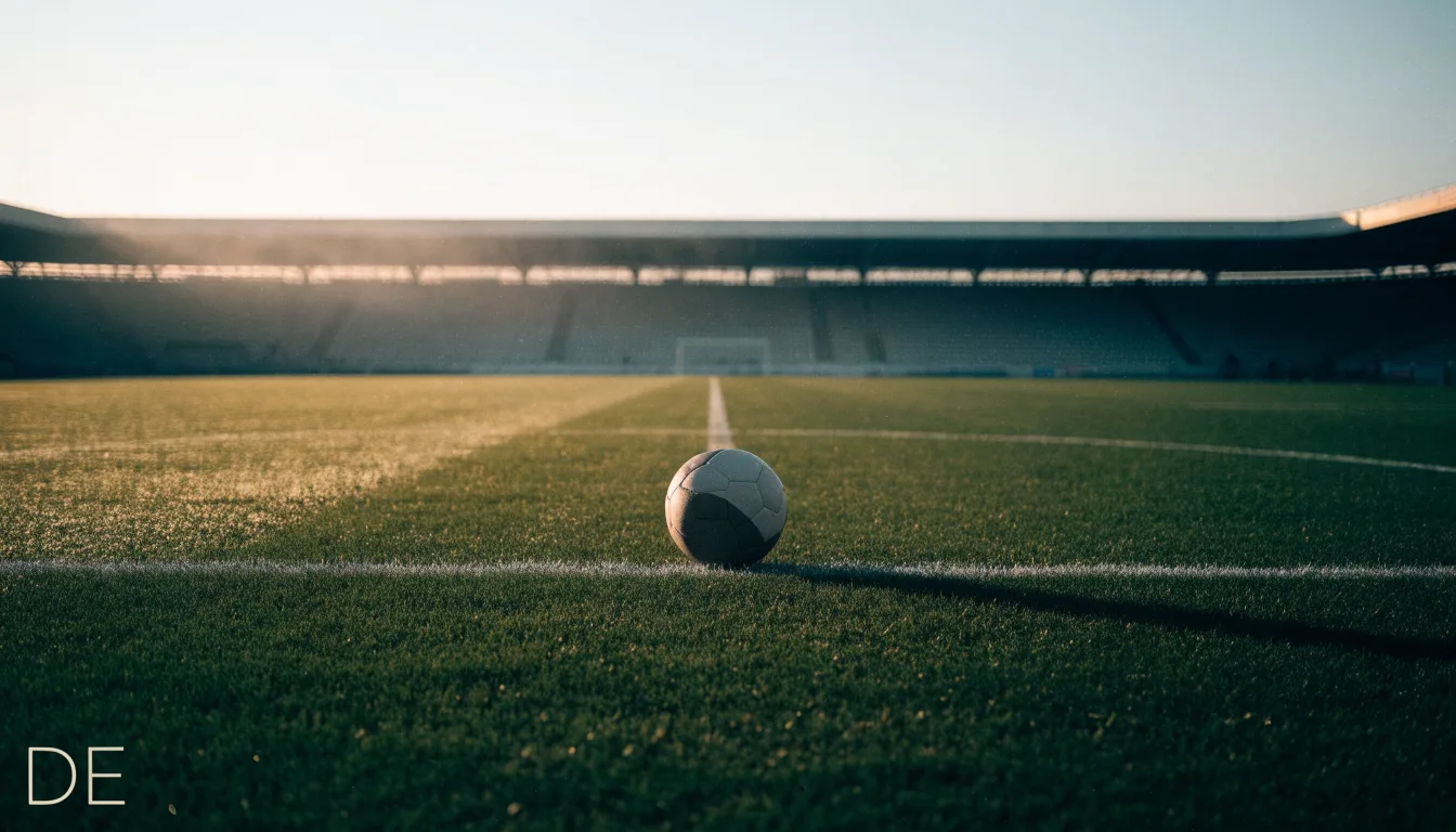 Ein Fußball liegt auf dem Anstoßpunkt eines leeren Rasenplatzes, im Hintergrund hängt Morgendunst über den Tribünen.
