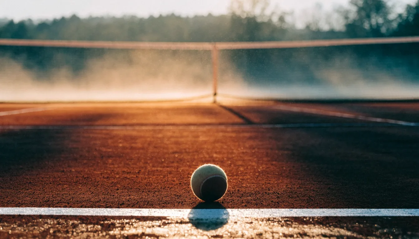 Ein Tennisplatz bei Sonnenaufgang, die Linien noch taufeucht, ein einzelner Ball liegt an der Grundlinie.