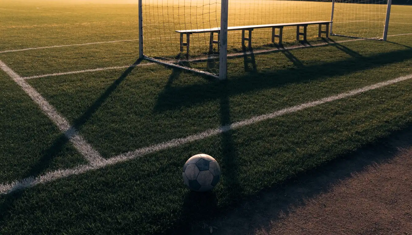 Ein Fußball liegt im Gras am Spielfeldrand, dahinter eine leere Bank und ein Tor im Gegenlicht.