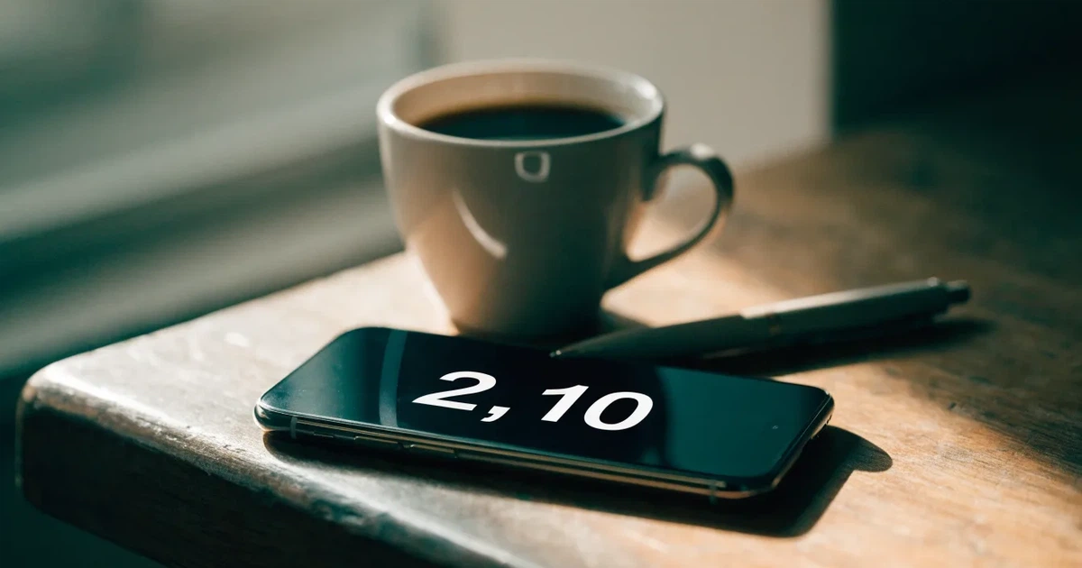 Ein Smartphone liegt mit dunklem Display auf einem Café-Tisch neben einer Tasse Kaffee und einem Kugelschreiber.