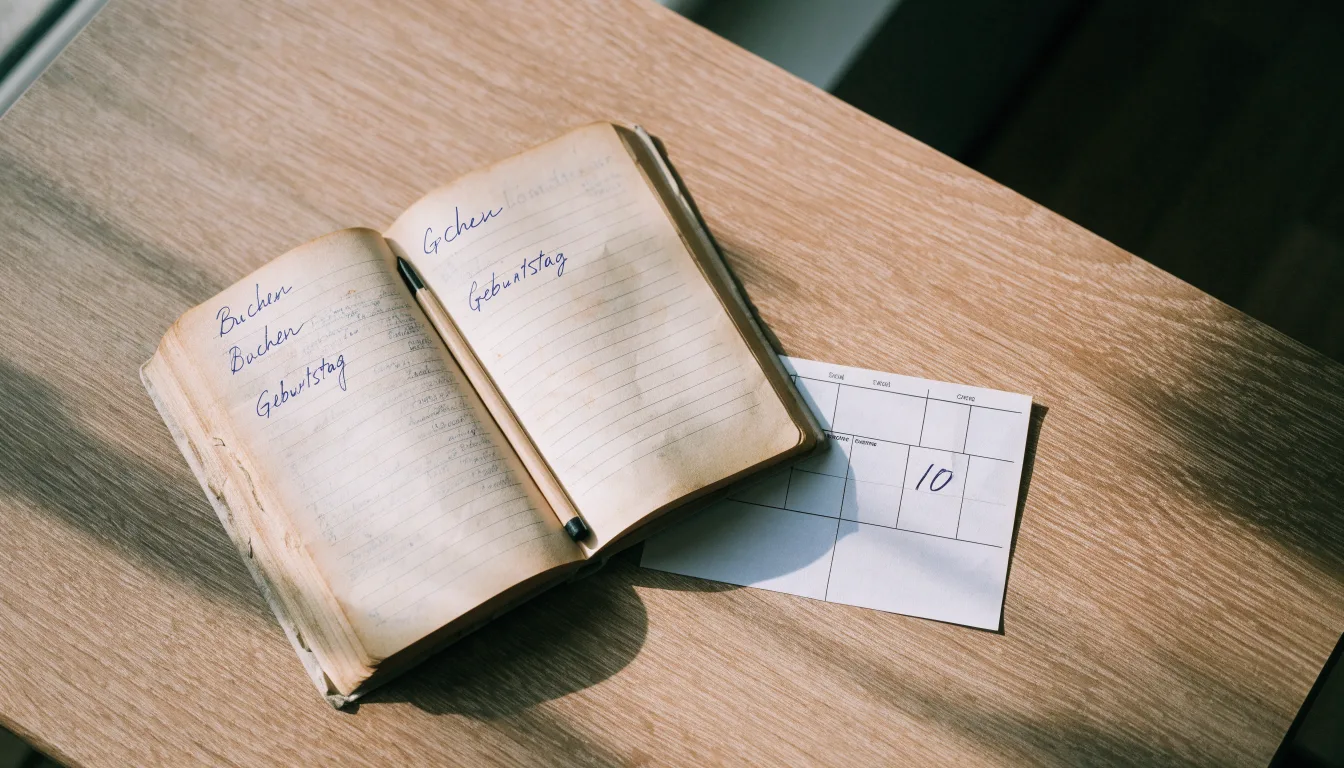 Ein Notizbuch mit handschriftlichen Notizen liegt aufgeschlagen neben einem leeren Papier-Wettschein auf einem Holztisch.