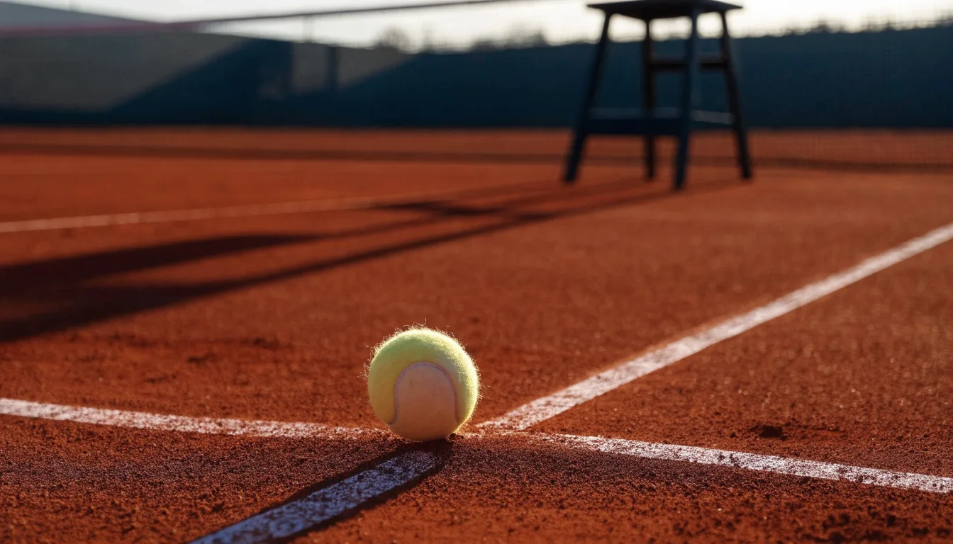 Ein Tennisball liegt auf einem roten Sandplatz bei Sonnenaufgang, im Hintergrund ein leerer Schiedsrichterstuhl.