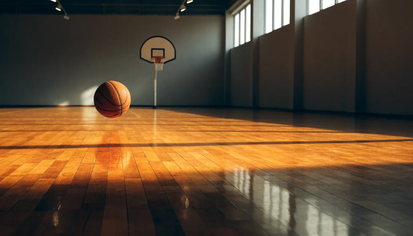 Ein Basketball liegt auf dem Parkett einer leeren Halle, Licht fällt durch hohe Fenster.