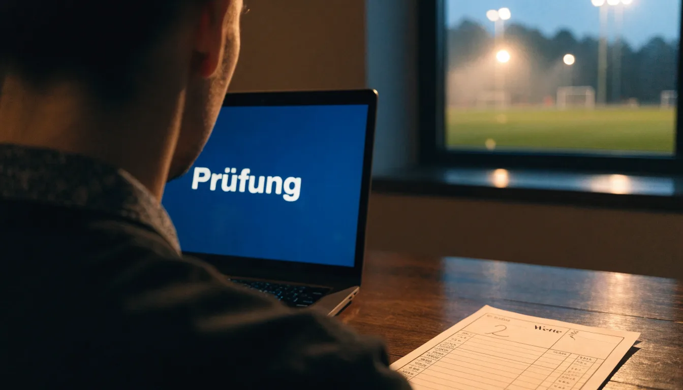 Eine Flutlichtanlage über einem leeren Sportplatz am Abend, im Vordergrund ein Maschendrahtzaun.