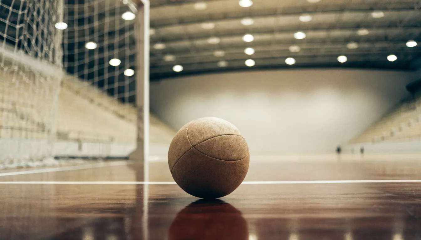 Ein Handball liegt in einer leeren Halle auf dem Boden vor dem Tor.