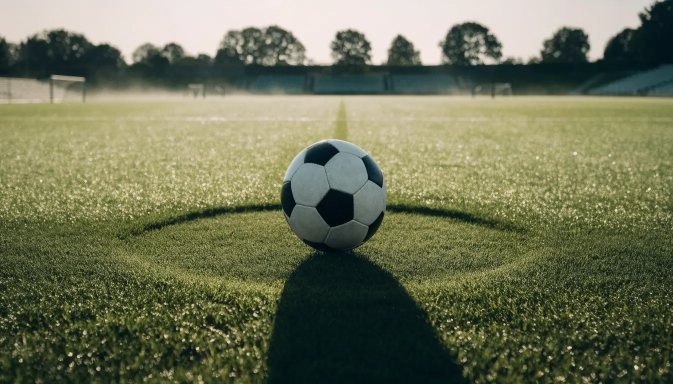 Ein Fußball liegt auf dem Anstoßkreis eines leeren Rasenplatzes im frühen Morgenlicht.