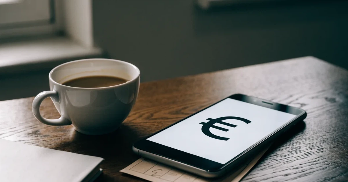 Ein Smartphone mit dunklem Display liegt neben einer Kaffeetasse und einem Notizbuch auf einem Küchentisch.