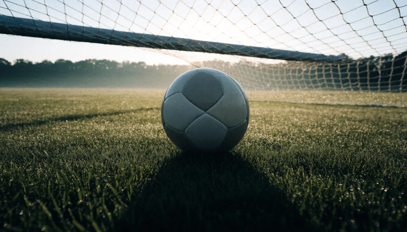 Ein Fußball auf dem Rasen vor einem leeren Tor im frühen Morgenlicht.