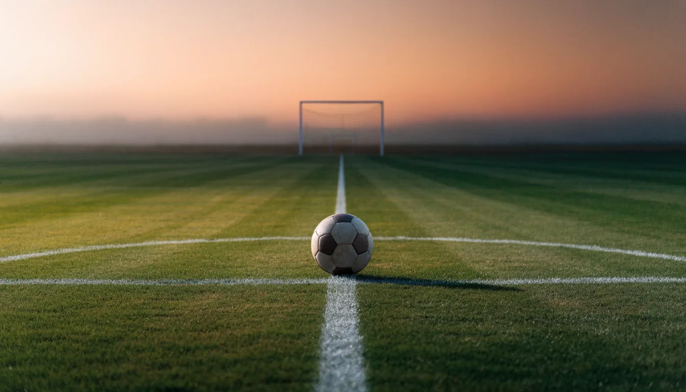 Ein Fußball liegt in der Mitte eines leeren Rasenplatzes, am Horizont färbt sich der Himmel orange.