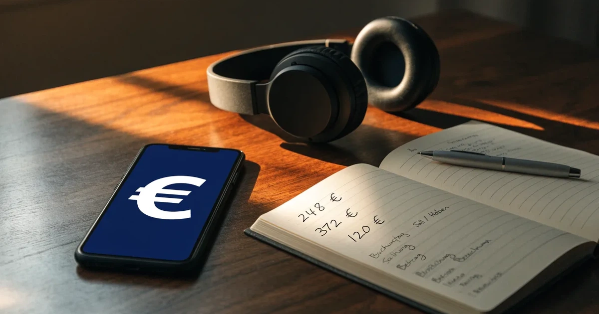 Ein Smartphone mit schwarzem Display liegt neben Kopfhörern auf einem Schreibtisch, daneben ein aufgeschlagenes Notizbuch.