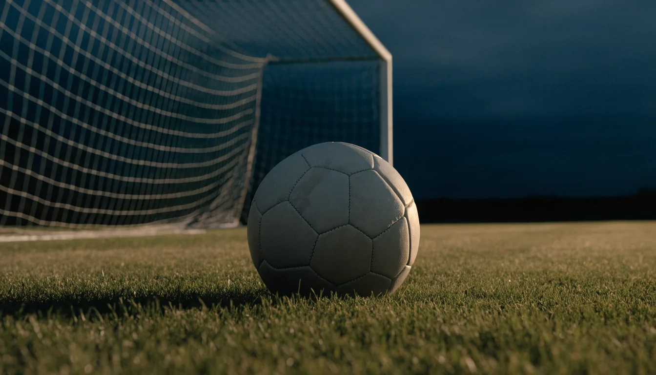 Ein Fußball liegt im Strafraum eines leeren Platzes, dahinter die Netze des Tores im Abendlicht.