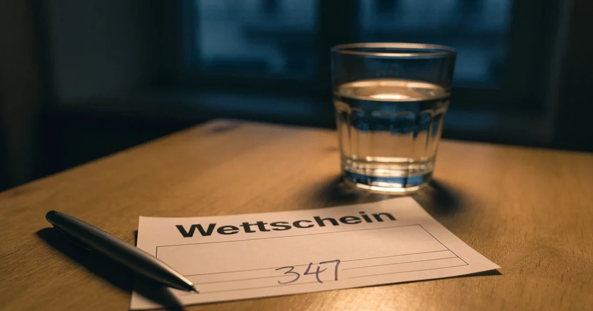 Ein leerer Papier-Wettschein liegt zusammen mit einem Kugelschreiber auf einem Tisch, daneben ein Glas Wasser.