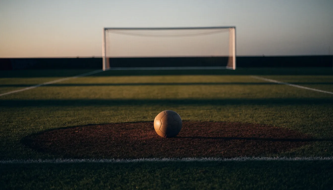 Ein Fußball liegt auf dem Elfmeterpunkt eines leeren Platzes im Abendlicht.